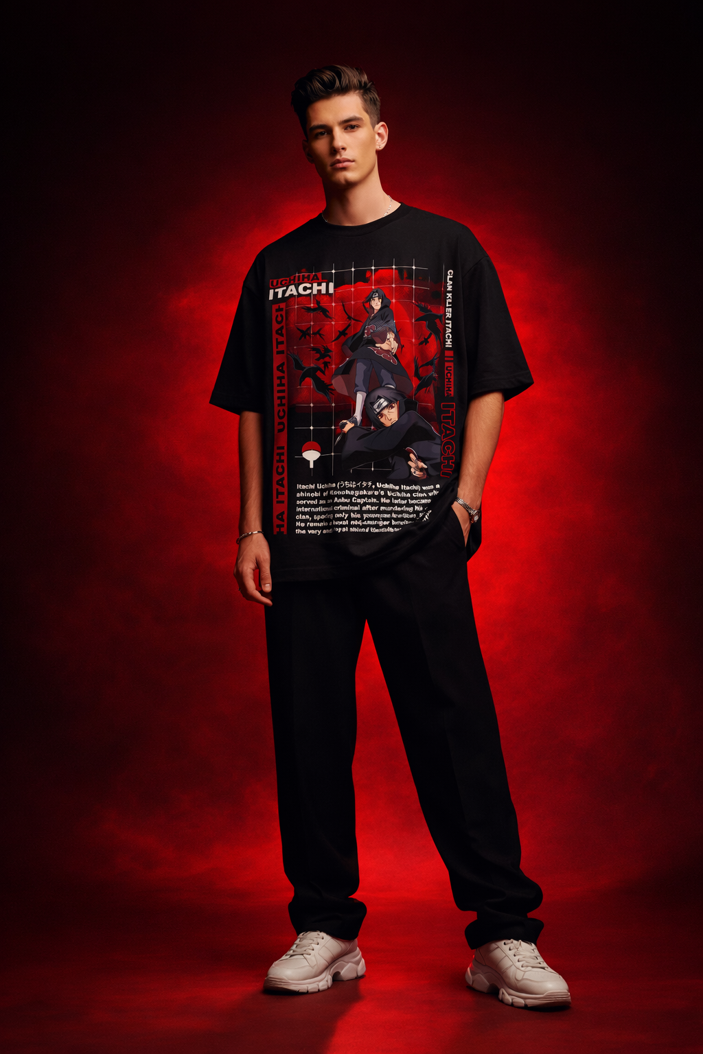 Unisex Uchiha Itachi Red Eclipse Oversized Tee – Heavyweight Anime Streetwear 240 GSM|