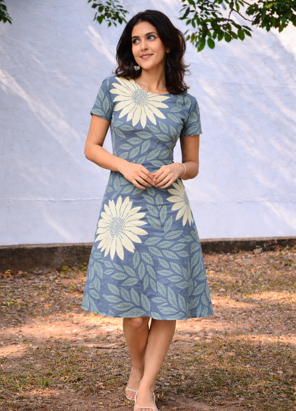 Daisy Leaf A-Line Dress – Poly-Spandex | Wrinkle-Free Fit & Flare Floral Dress 220 GSM|