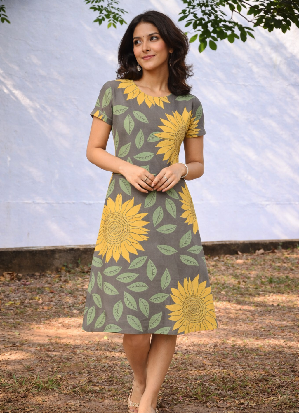 Sun Bloom A-Line Dress – Poly-Spandex | Wrinkle-Free Fit & Flare Floral Dress220 GSM|