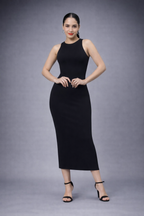 Midnight Curve Bodycon Dress – Poly-Spandex | Skin-Fit Stretch Midi with Side Slit 220 GSM|