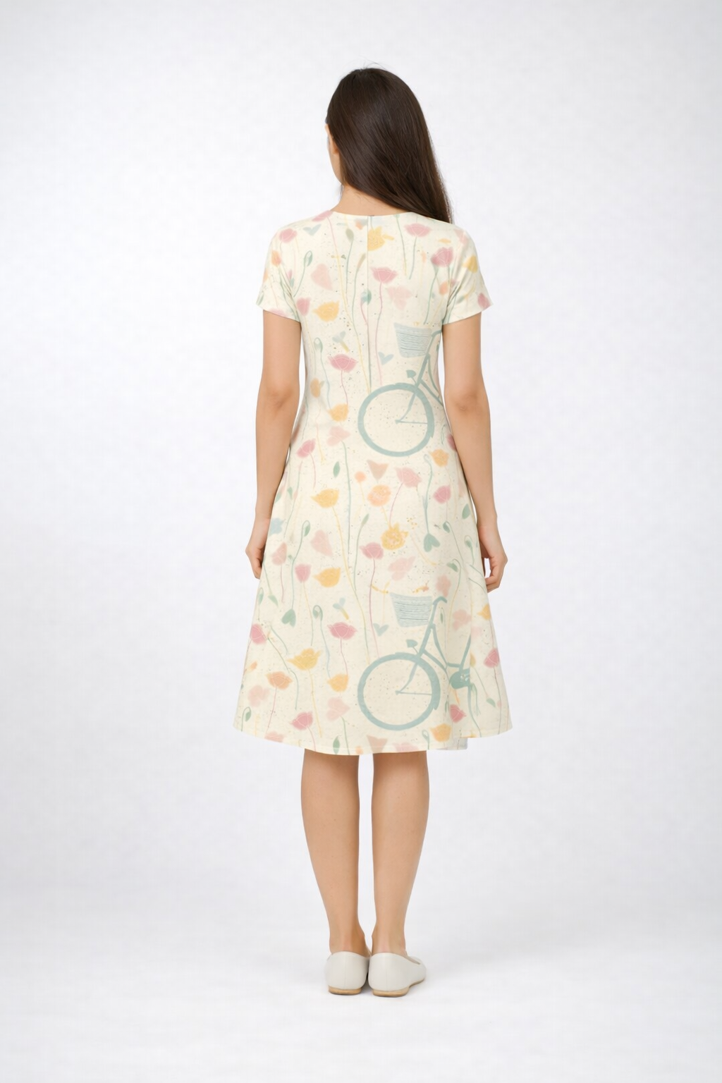 Pastel Ride A-Line Dress – Poly-Spandex | Wrinkle-Free Fit & Flare Floral Bicycle Print 220 GSM|