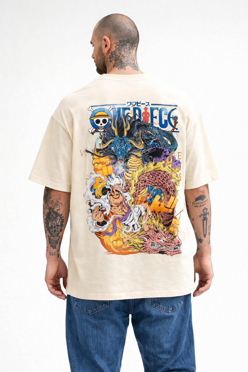 Unisex Oversized One Piece Dragon Clash Tee – Luffy vs Kaido Back & Front Print 240 GSM|