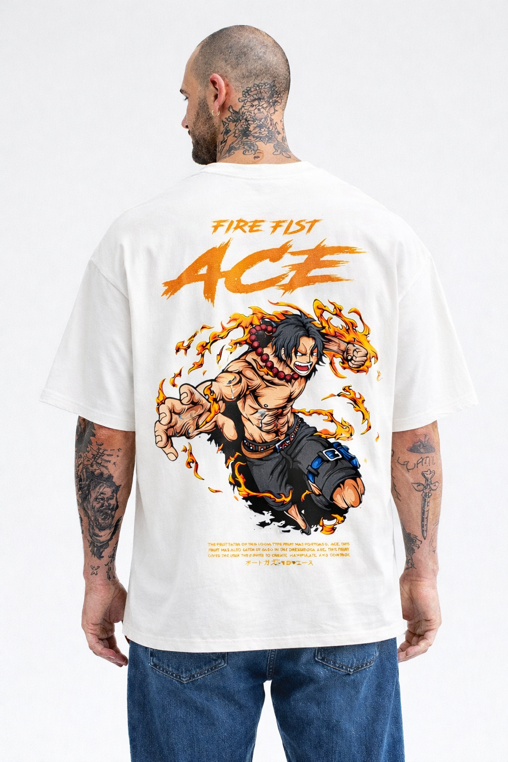 Unisex Oversized Fire Fist Ace Tee – One Piece Flame Back Print 240 GSM|