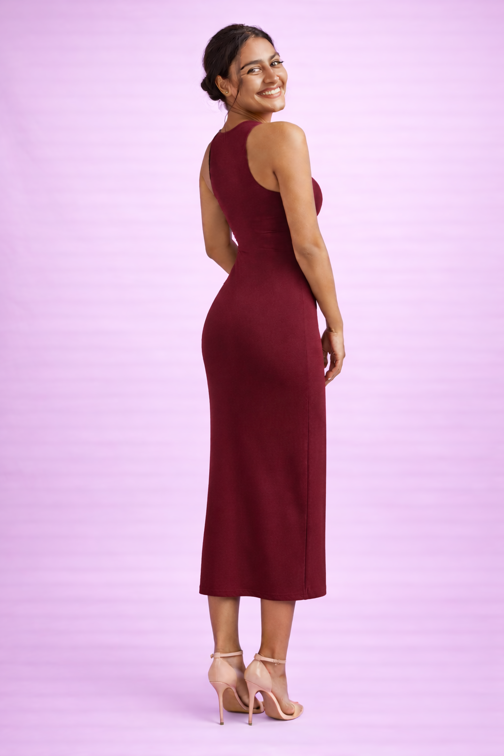 Wine Curve Bodycon Dress – Poly-Spandex|Skin-Fit Stretch Midi with Side Slit 220 GSM|