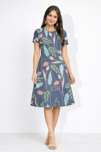 Blue Garden A-Line Dress – Poly-Spandex | Wrinkle-Free Fit & Flare Botanical Print 220 GSM|