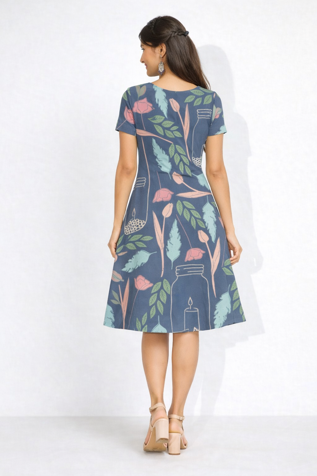 Blue Garden A-Line Dress – Poly-Spandex | Wrinkle-Free Fit & Flare Botanical Print 220 GSM|