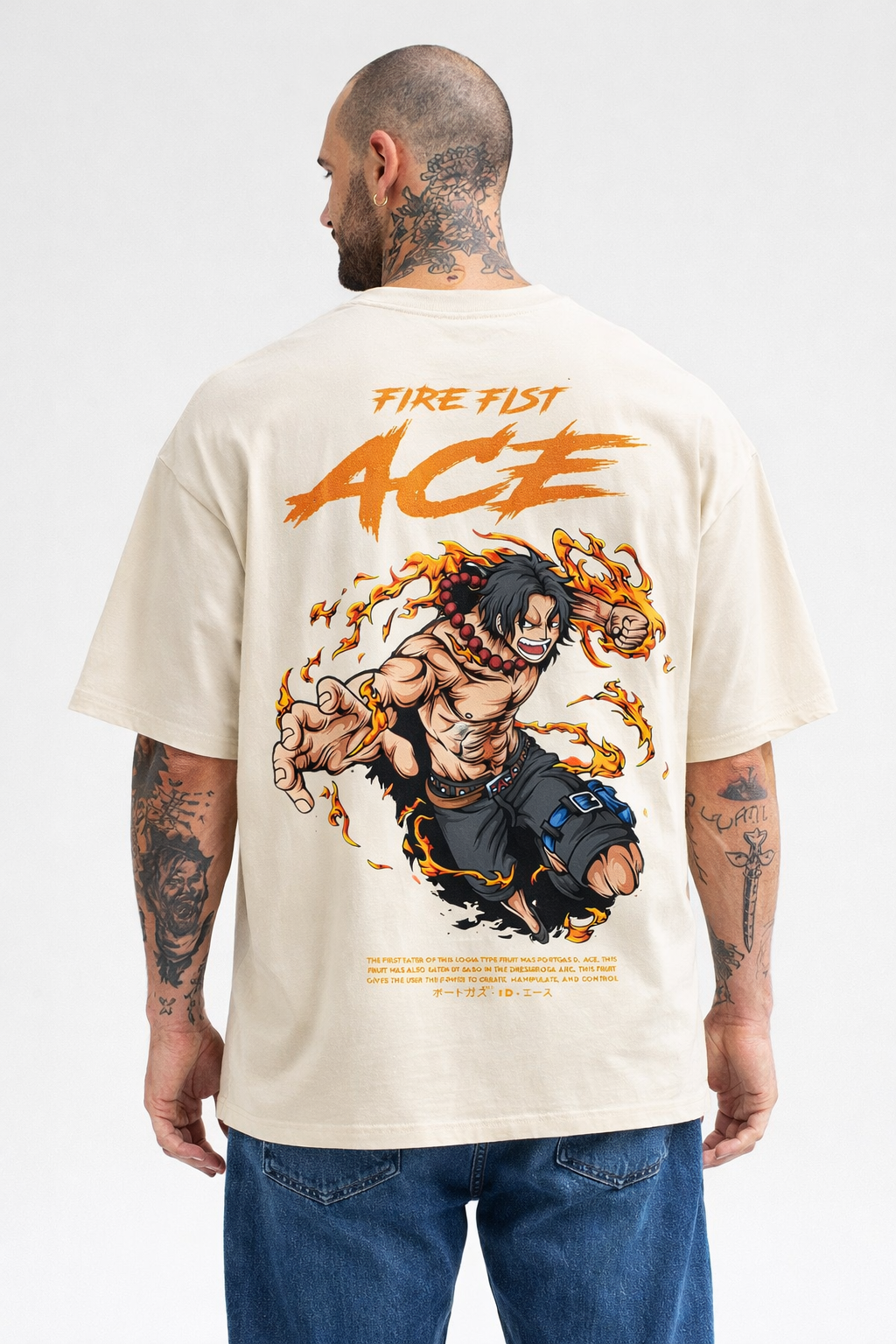 Unisex Oversized Fire Fist Ace Tee – One Piece Flame Back Print 240 GSM|