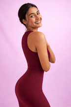 Wine Curve Bodycon Dress – Poly-Spandex|Skin-Fit Stretch Midi with Side Slit 220 GSM|