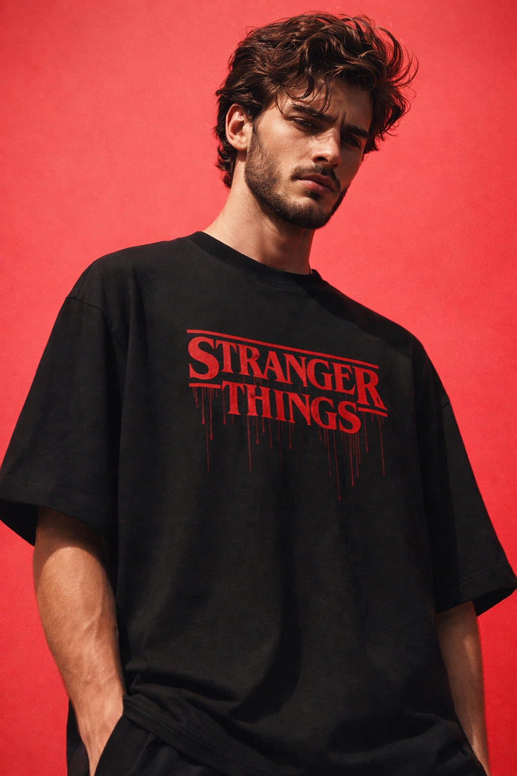 Unisex Stranger Things “Upside Drip” Oversized Cotton Tee – Streetwear stranger things Edition 240 GSM|