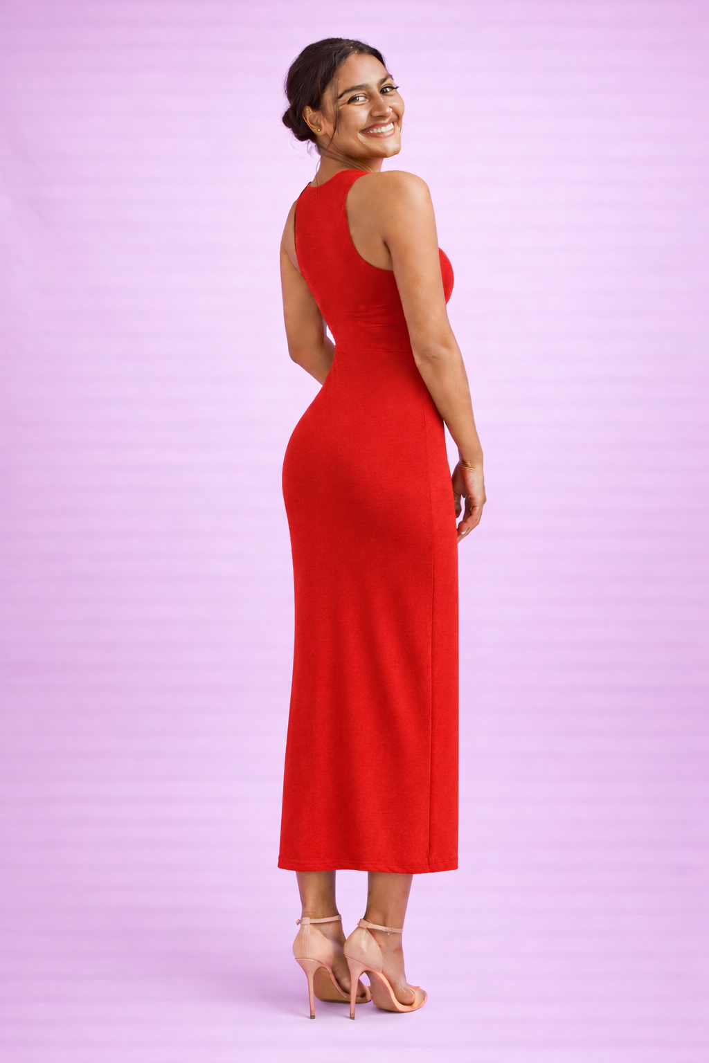 Red Hot Curve Bodycon Dress – Poly-Spandex | Skin-Fit Stretch Midi with Side Slit 220 GSM|