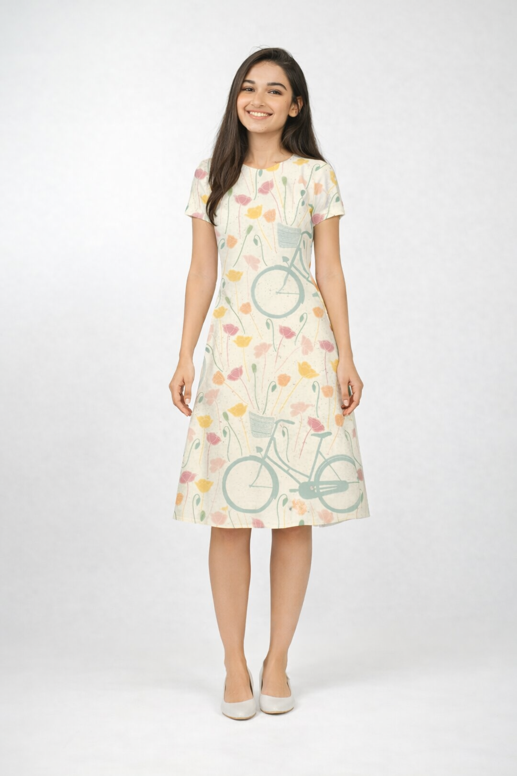 Pastel Ride A-Line Dress – Poly-Spandex | Wrinkle-Free Fit & Flare Floral Bicycle Print 220 GSM|